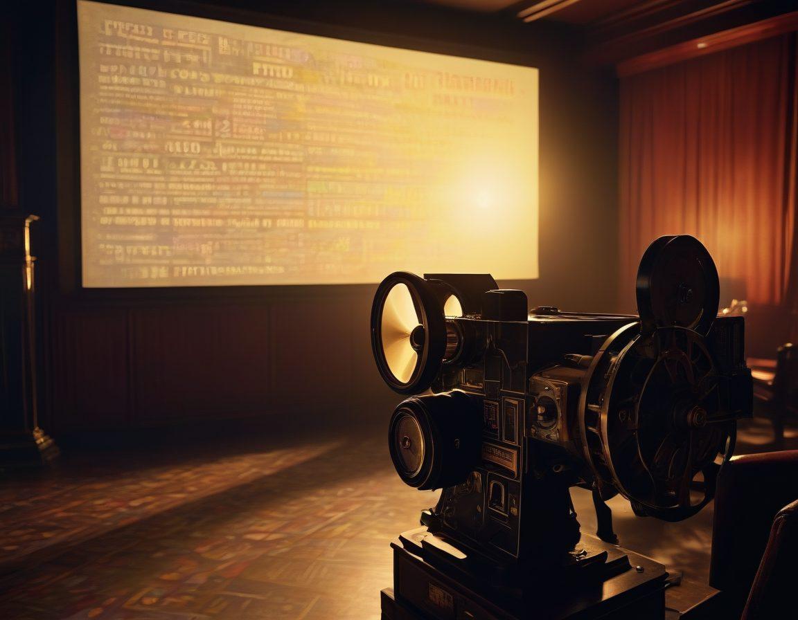 A cinematic scene featuring a vintage film projector casting vibrant light onto a movie screen displaying iconic movie clips. Surrounding the projector are film reels and scripts scattered artistically, symbolizing film reviews and insights. In the background, a dimly lit theater filled with captivated audience members, creating an immersive atmosphere. The color palette includes rich golds and deep blues to enhance the magical feel of cinema. super-realistic. vibrant colors.