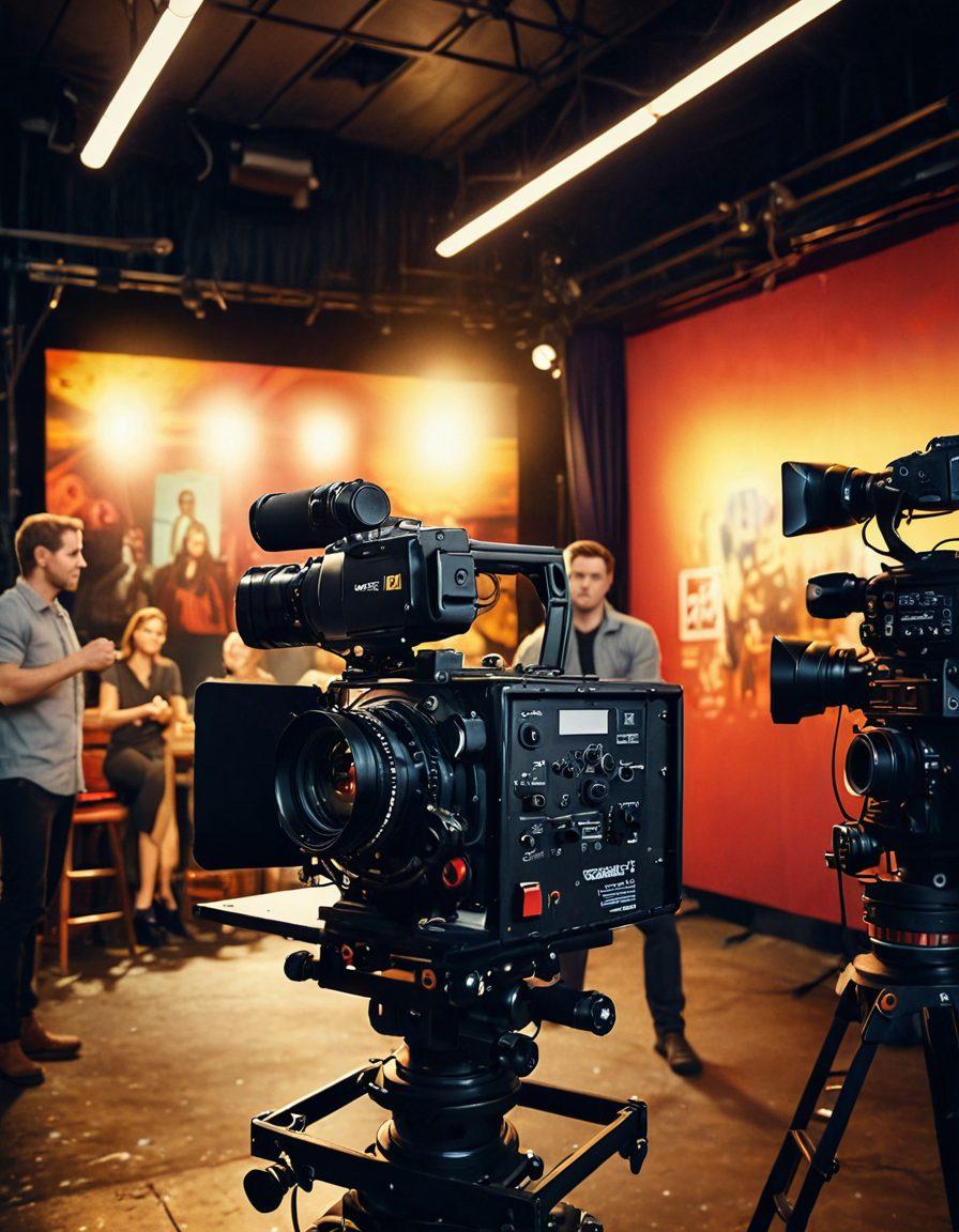 A dynamic film set with a camera crew capturing an intense scene, showcasing a director passionately discussing a script with an actor. Include film reels and posters of upcoming movies in the background, illuminated by soft stage lights. Add a hint of excitement in the air, representing trailers and interviews in film. super-realistic. vibrant colors. cinematic atmosphere.