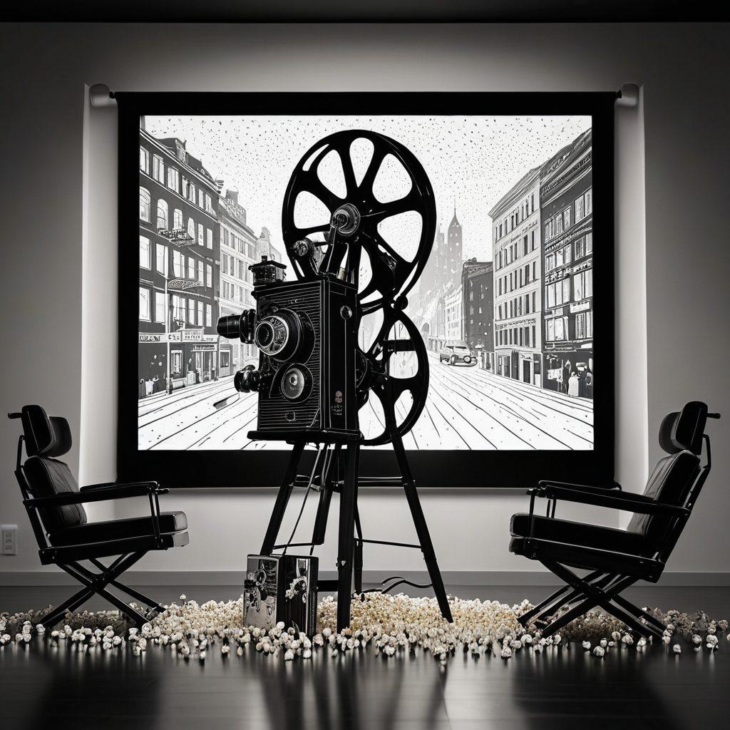 A captivating collage showcasing the evolution of cinema, featuring a vintage film projector juxtaposed with a modern streaming screen. Highlight iconic movie scenes spanning different eras, like classic black-and-white films blending into vibrant contemporary blockbusters. Include elements of film reels, popcorn, and directors’ chairs, all set against a cinematic backdrop filled with bright lights and film strips. super-realistic. vibrant colors. cinematic style.